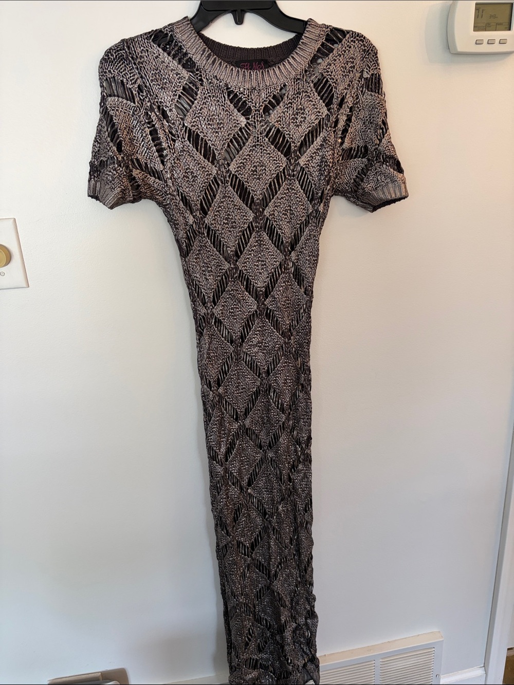 Hot Miami Styles Pewter Open-Knit Diamond Maxi Dress